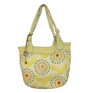 Fossil Vintage Yellow Colorful Boho Floral Canvas Tote Bag Handbag Purse